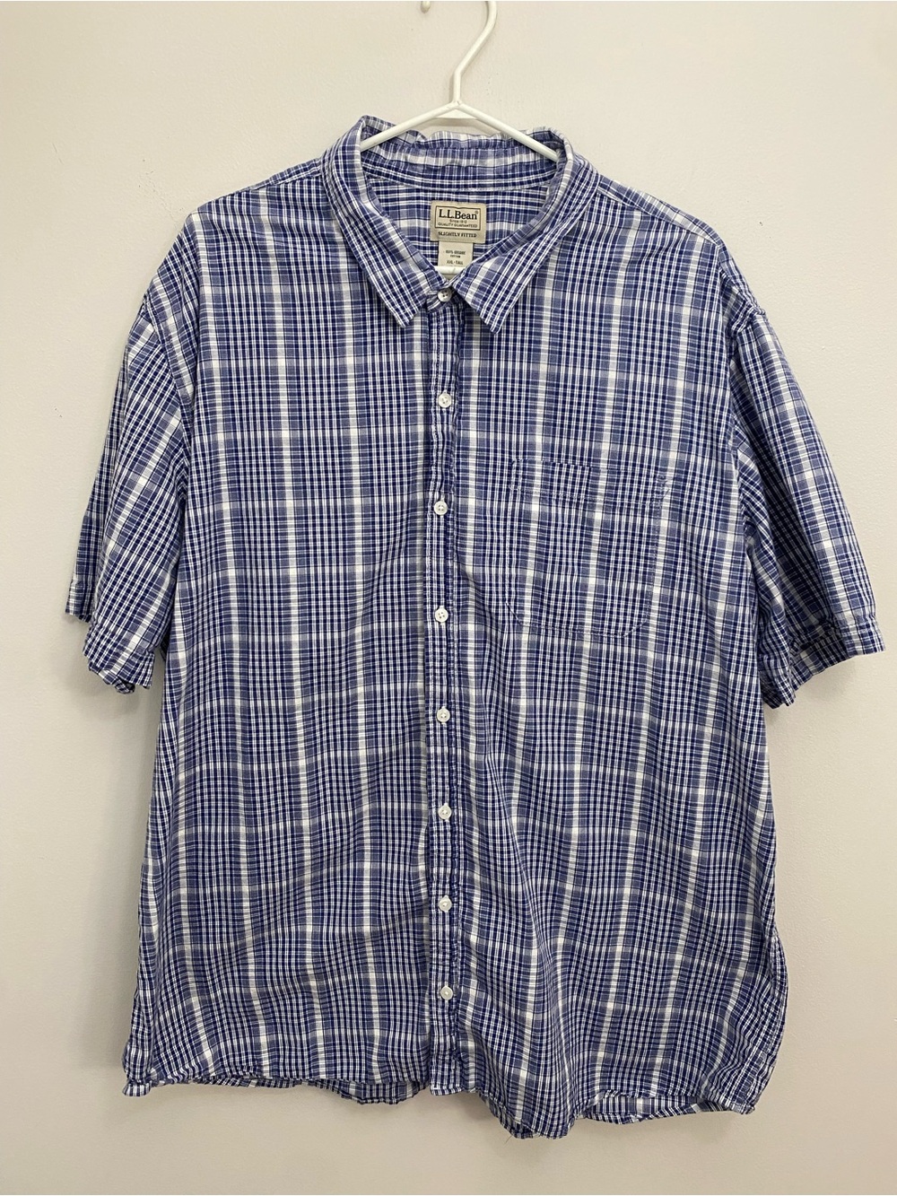 L.L. Bean Men's Organic Cotton Short Sleeve Blue Plaid Button-Up Shirt XXL Tall